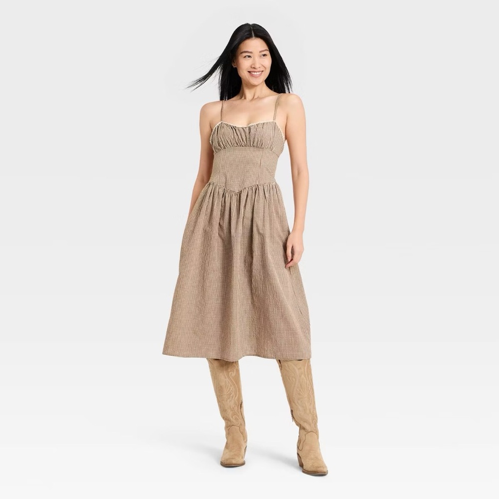 A New Day Women's Corset Midi Dress Brown Gingham XL